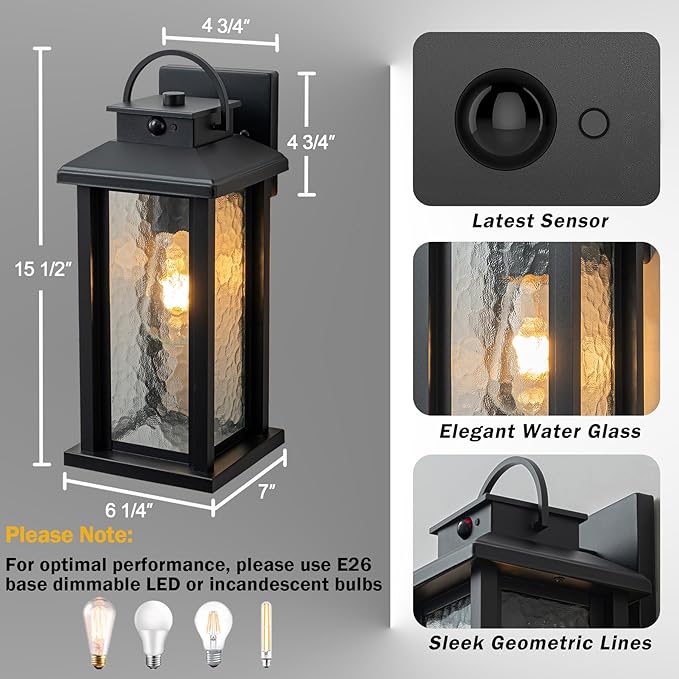 2 Pack Motion Sensor Outdoor Lights, Matte Black Dusk to Dawn Porch Lights Outdoor Light Fixture with Water Glass, 3 Lighting Modes Exterior Lighting Fixtures, Waterproof Outside Light for House