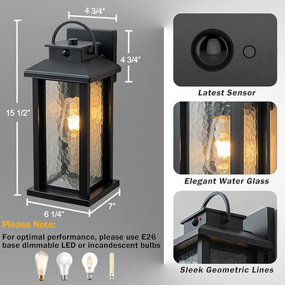 2 Pack Motion Sensor Outdoor Lights, Matte Black Dusk to Dawn Porch Lights Outdoor Light Fixture with Water Glass, 3 Lighting Modes Exterior Lighting Fixtures, Waterproof Outside Light for House