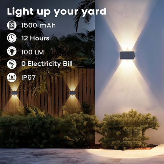 Fence Lights Solar Powered, 2-Pack Solar Fence Lights Up/Down Flexible Buttons, IP67 Waterproof for Outdoor, 100LM Bright, Auto Dusk to Dawn for Wall/Stairs/Yard/Railing/Deck/Pathway (Warm White)