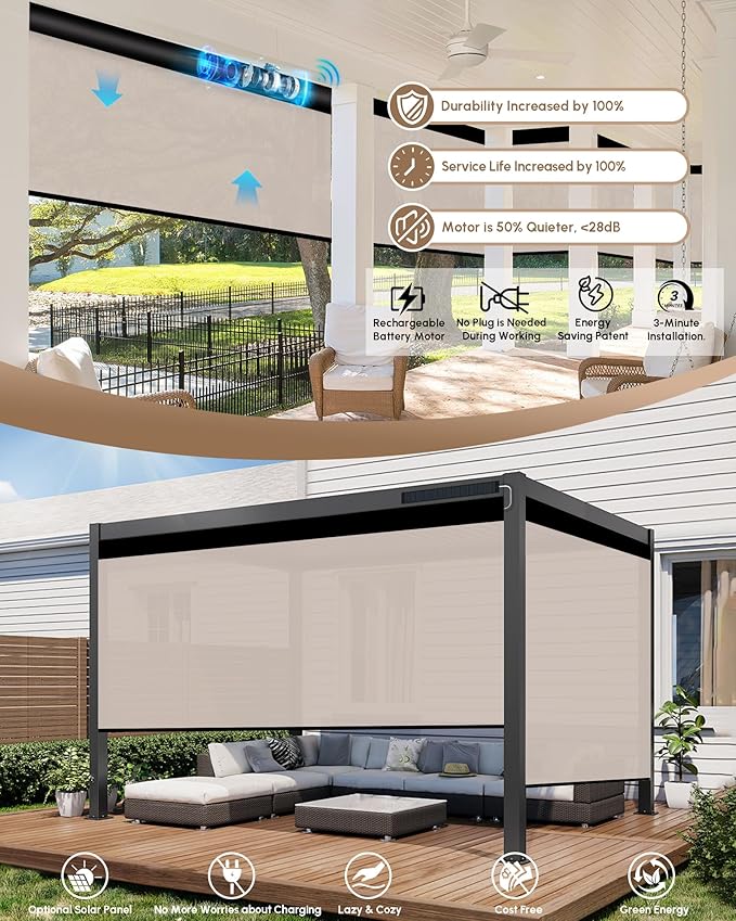 Kincmo Motorized Outdoor Shades for Patio Porch, Custom Outdoor Motorized Blinds with Remote, Waterproof & Windproof Patio Shades Work with Apple Homekit,Alexa,Google (1% Openness Beige)