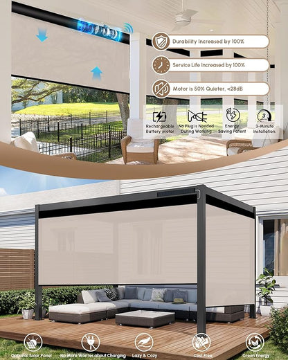 Kincmo Motorized Outdoor Shades for Patio Porch, Custom Outdoor Motorized Blinds with Remote, Waterproof & Windproof Patio Shades Work with Apple Homekit,Alexa,Google (1% Openness Beige)