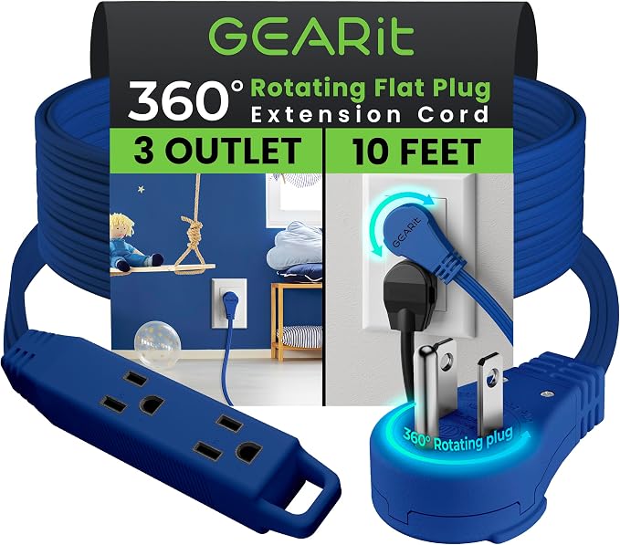 GEARit 10 ft 360° Rotating Flat Plug Extension Cord, 3 Outlet Low Profile Power Cord, 16 AWG 13A 3 Prong Grounded Indoor Cord, ETL Listed, Space-Saving for Furniture, Navy