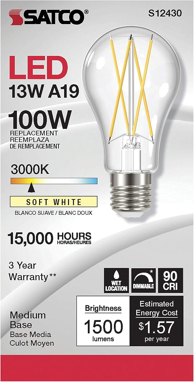 Satco S12430, Clear, Medium Base, 3000K, 90 CRI, 120 Volt, 12.5 Watt LED A19 Bulb