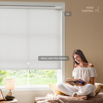 No Drill Motorized Cellular Shades, Cordless Light Filtering Honeycomb Blinds for Windows, Smart Automatic Blinds Compatible with Alexa/Google Home/Smarthings, White