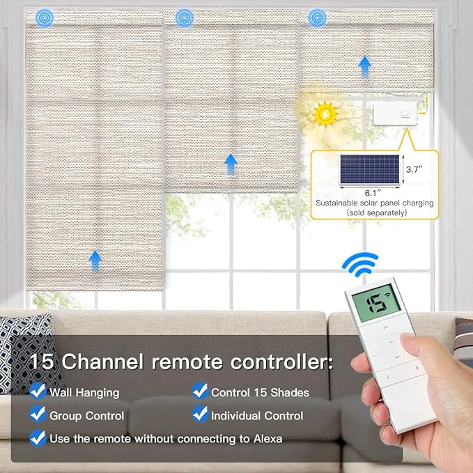 Tokblind Motorized Light Filtering Roller Shade Fabric Covered Valance and Bottom Rod, Remote Control Electric Window Blind Work with Alexa via Hub, Custom Size (Texture Light Coffee - Wrapped Fabric)