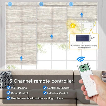 Tokblind Motorized Light Filtering Roller Shade Fabric Covered Valance and Bottom Rod, Remote Control Electric Window Blind Work with Alexa via Hub, Custom Size (Texture Light Coffee - Wrapped Fabric)