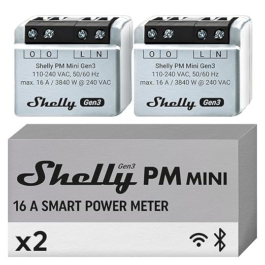 Shelly PM Mini Gen3 | WiFi Smart Power Meter 1 Channel 16 A | Home Automation | Bluetooth Gateway | Compatible with Alexa & Google Home | iOS Android App | No Hub Required | Smart Schedules (2 Pack)
