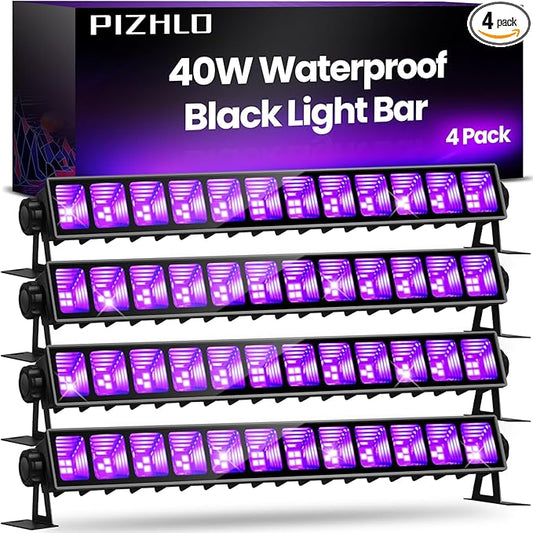Upgraded 4 Pack 40W Blacklight Bar, IP66 Waterproof LED Black Light with Plug+Switch+6ft Cord, Each Light Up 24x24ft, for Outdoor, Glow Party, Halloween, Body Paint, Bedroom, Classroom, Stage Lighting