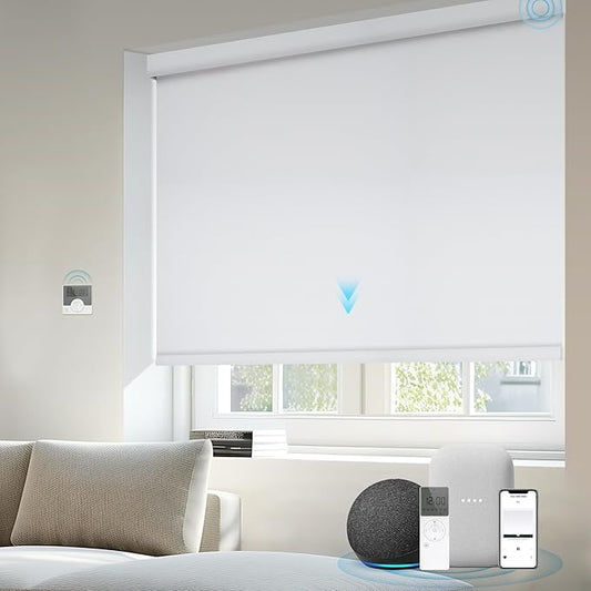 Motorized Blinds Compatible with Alexa Google Custom to 115" Width 100% Blackout Smart Blind Automatic Large Window Roller Shades Remote Control Pure White
