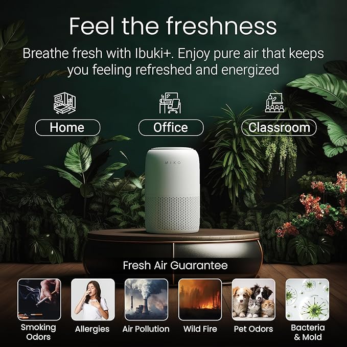 MIKO Air Purifier for Bedroom with 3-in-1 HEPA Filter & Sleep Mode, Whisper Quiet, Covers Up to 1200 ft, Smart Wi-Fi App Control - Removes Smoke, Allergens, Pets Hair, Dust, Odors, Pollutants