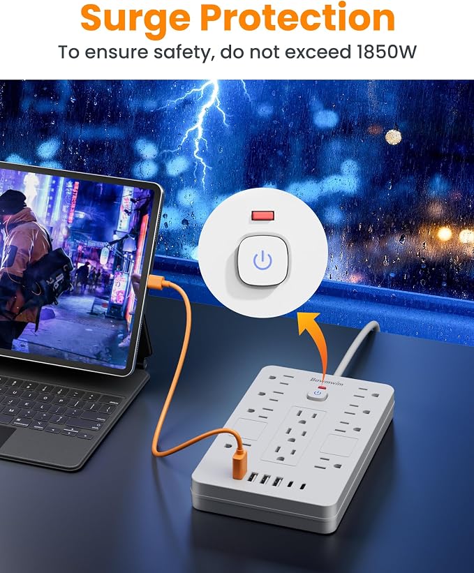 Surge Protector Power Strip - 11 Outlets(1850W/15A/14AWG) with 6 USB Ports(2 USB C), 15FT Flat Plug Extension Cord, Wall Mount, White, ETL Listed for Home, Dorm Room