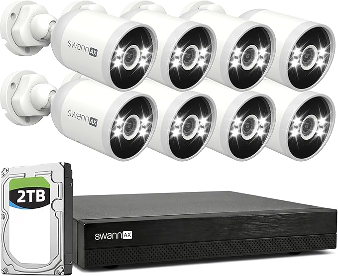 Swann AdvancedX Wired NVR 4K Security Camera System 16 CH, 8 PoE Outdoor Cameras, 2TB, Color Night Vision, Motion Detect