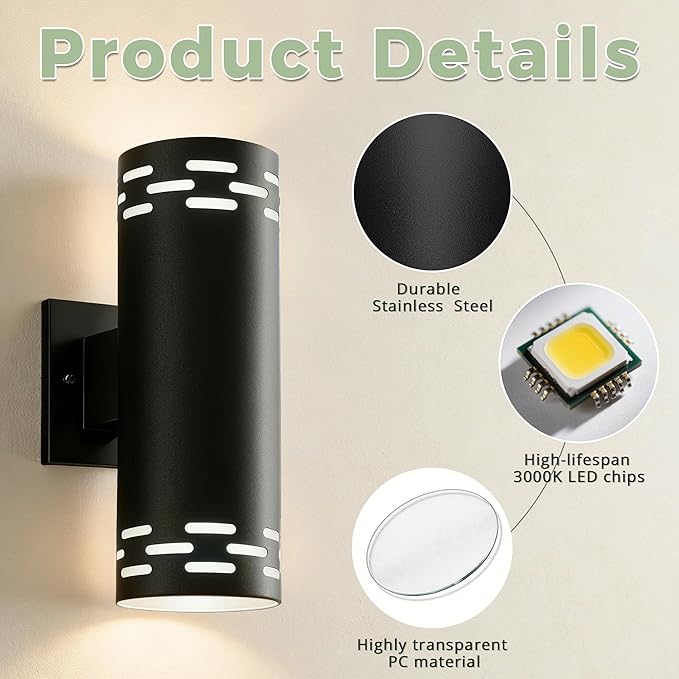 Modern Outdoor Wall Lights 2 Pack, 12'' Up and Down LED Cylinder Exterior Lighting Fixtures, 23W 3000K IP65 Waterproof Wall Sconces for House, Garage, Patio, Porch, Black