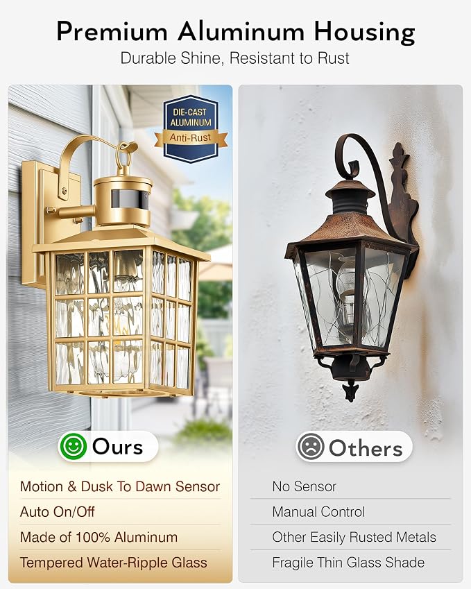 VIANIS Gold Motion Sensor Porch Lights Outdoor, Adjustable Brightness