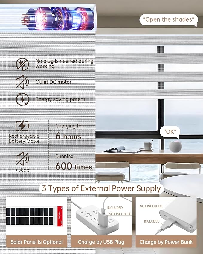 Kincmo Motorized Blinds with Remote, Motorized Zebra Shades Work with Apple Homekit,Alexa,Google Home, Customized Electric Blinds with Remote,App,Voice Control (90% Blackout Flow Grey)