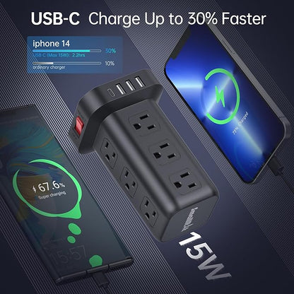 Extension Cord with Multiple Outlets, SMALLRT 2 Pcs Surge Protector Power Strip Tower, Outlet Extender with 12 AC Outlets 4 USB, 6.5FT Extension Cord for Home Office Dorm Room, Overload Protection
