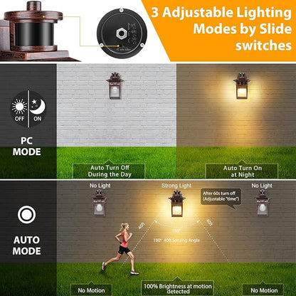 2 Pack Porch Lights with GFCI Outlet, Black & Bronze Gold Dusk to Dawn Motion Sensor Outdoor Light, 3-Mode Wall Exterior Lighting Fixture,Waterproof Outside Lights Sconce for House Front Door