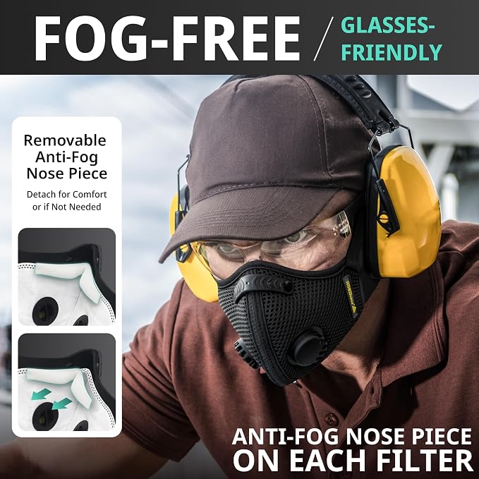 FIGHTECH Dust Mask 2 Sizes - Large, Woodworking Reusable Carbon Filter Mask | Reusable Face Mask with Air Valves for Construction and Moving Single Black Mask Helps Reduce Dust During Work