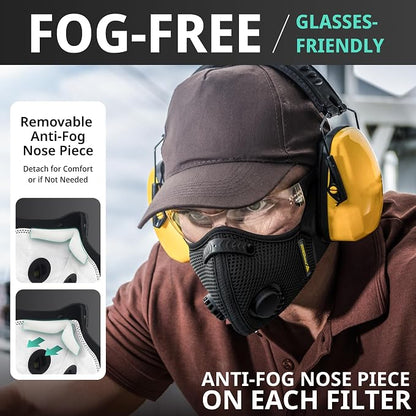 FIGHTECH Dust Mask 2 Sizes - Large, Woodworking Reusable Carbon Filter Mask | Reusable Face Mask with Air Valves for Construction and Moving Single Black Mask Helps Reduce Dust During Work