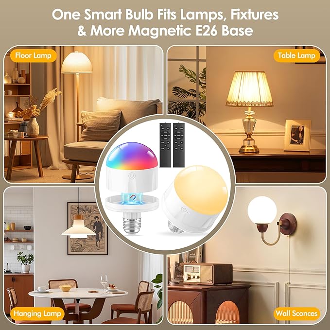 5000mAh Rechargeable Light Bulbs with Remote: E26 Led Battery Operated Light Bulb with 10 Colors & Timer for Sconces & Lamps - Dimmable Cordless Magnetic Bulbs with Remote for Non-Hardwired Fixture