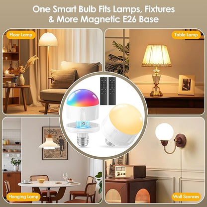 5000mAh Rechargeable Light Bulbs with Remote: E26 Led Battery Operated Light Bulb with 10 Colors & Timer for Sconces & Lamps - Dimmable Cordless Magnetic Bulbs with Remote for Non-Hardwired Fixture
