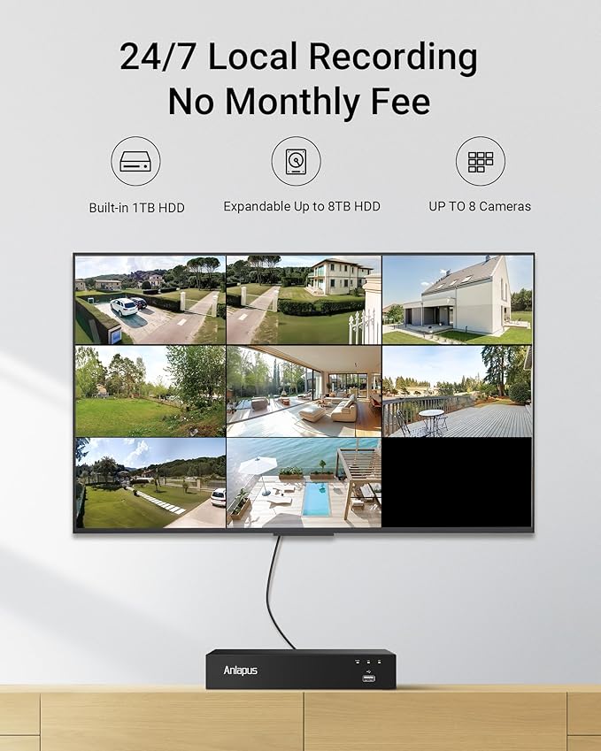 Anlapus 4K Security Camera System with Audio, AI Human Vehicle Detection, Night Vision, 8pcs 8MP Outdoor Indoor CCTV Wired Cameras, 8CH Home DVR with 1TB HDD for 24/7 Recording, No Monthly Fee