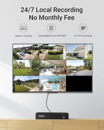 Anlapus 4K Security Camera System with Audio, AI Human Vehicle Detection, Night Vision, 8pcs 8MP Outdoor Indoor CCTV Wired Cameras, 8CH Home DVR with 1TB HDD for 24/7 Recording, No Monthly Fee