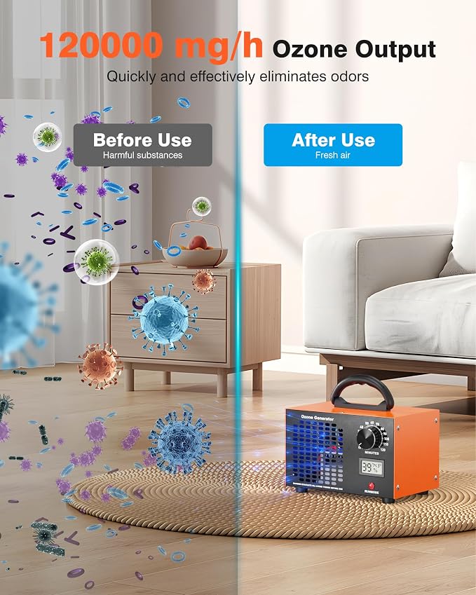 Ozone Generator - 120,000 mg/h Ozone Generator for Large Spaces up to 5000 Sq.Ft, Air Purifier with Temp & Humidity Display, 120-Min Timer, Ozone Machine for Cars, Homes, Hotels, Kitchens & Pet Areas
