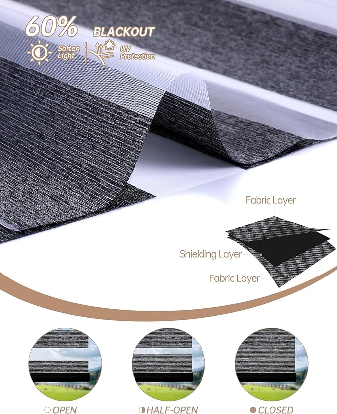 Kincmo Motorized Blinds with Remote, Motorized Zebra Shades Work with Apple Homekit,Alexa,Google Home, Customized Electric Blinds with Remote,App,Voice Control (60% Blackout Monet Black)
