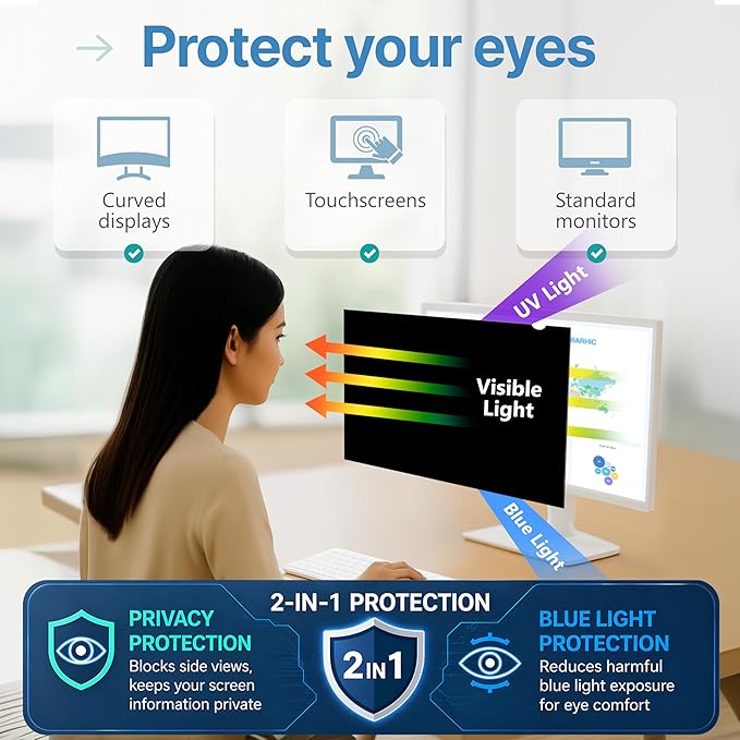 VINTEZ 30 Inch 16:10 Privacy Screen for Computer Monitor and Laptop - Anti Glare Protector Film Blue Light Filter Eye Protection - Computer Screen Privacy Shield, [1 Pack]