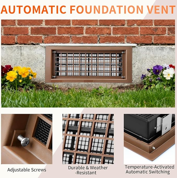 Crawl Space Foundation Vent Cover Automatic 8x16 Inch, Brown 2 Pack | Auto Open/Close at 40°F-70°F, Freeze Protection & Energy Saving, DIY Replacement for House, Mobile Home & Skirting, Plastic