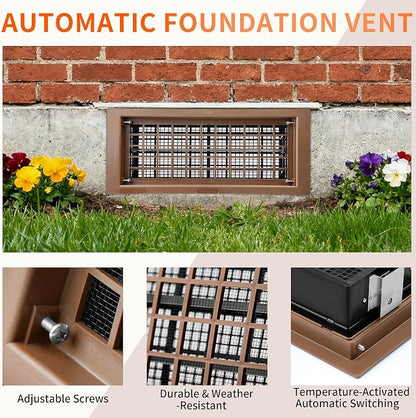 Crawl Space Foundation Vent Cover Automatic 8x16 Inch, Brown 2 Pack | Auto Open/Close at 40°F-70°F, Freeze Protection & Energy Saving, DIY Replacement for House, Mobile Home & Skirting, Plastic