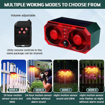 Qualirey 6 Pcs Solar Outdoor Motion Sensor Alarm with Stake Animal Deterrent Dog Barking Sensor 13 Sound 130dB Loud Noise Maker 4 Mode with USB Remote Control Support Recording Volume Adjustment