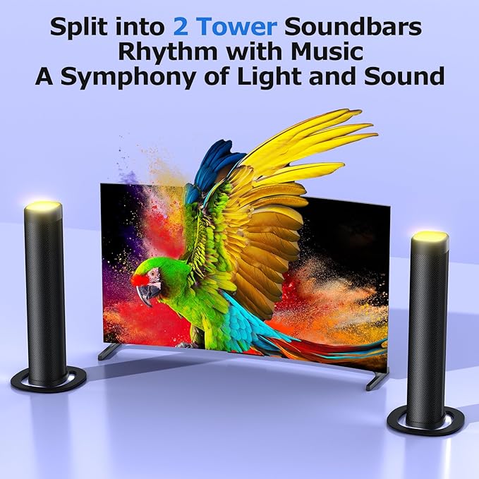 Sound Bar for Smart TV, 100W Sound Bar with 3 Dynamic RGB Lights,Bluetooth 5.3, ARC/Opt/AUX Connect, Dynamic Volume 3 Equalizer Modes,2 in 1 Detachable Soundbar for TV/PC/Gaming/Projectors