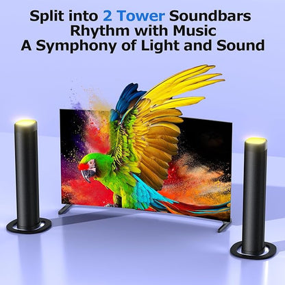 Sound Bar for Smart TV, 100W Sound Bar with 3 Dynamic RGB Lights,Bluetooth 5.3, ARC/Opt/AUX Connect, Dynamic Volume 3 Equalizer Modes,2 in 1 Detachable Soundbar for TV/PC/Gaming/Projectors