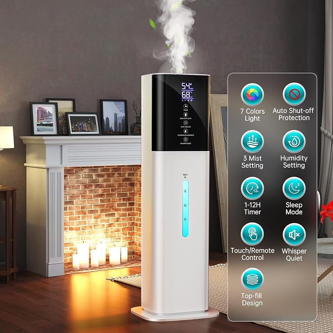 Humidifier Large Room Bedroom, 8L/2.1Gal Top Fill Cool Mist Humidifiers with Humidistat, 3-Speeds, 48H Runtime, Quiet Sleep Mode, Night Light, 12H Timer, 360° Nozzle & Aroma Diffuser for Baby, Plants
