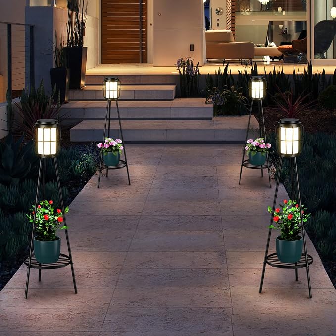 MXwcy 2 Pack Solar Lights Outdoor with Plant Stand, Waterproof Solar Floor Lamp & Tall Metal Planter Holder for Outside, Decorative Tripod Pathway Lantern for Patio, Garden, Porch, Yard Decor
