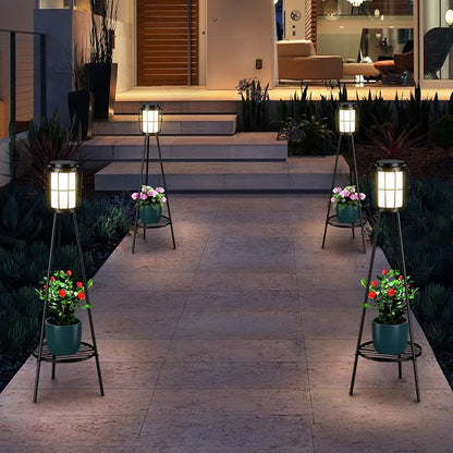 MXwcy 2 Pack Solar Lights Outdoor with Plant Stand, Waterproof Solar Floor Lamp & Tall Metal Planter Holder for Outside, Decorative Tripod Pathway Lantern for Patio, Garden, Porch, Yard Decor