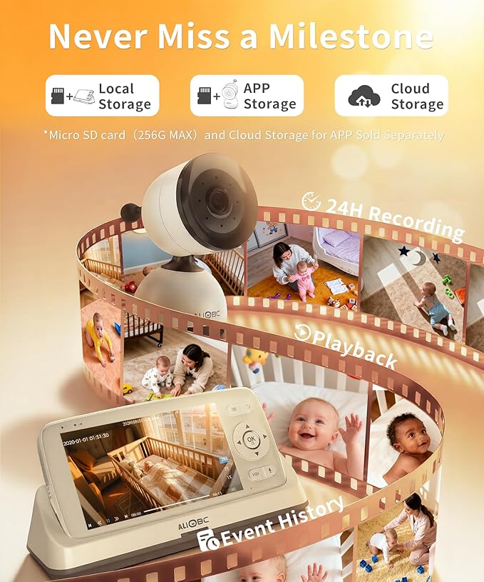 ALIOBC Smart Baby Monitor with Camera and Audio WiFi & No-WiFi Modes AI Cry Detection Night Vision 1080p FHD Camera and 5" Large Screen Two-Way Talk 1000ft Range Smart Alert Easy Setup for New Parents