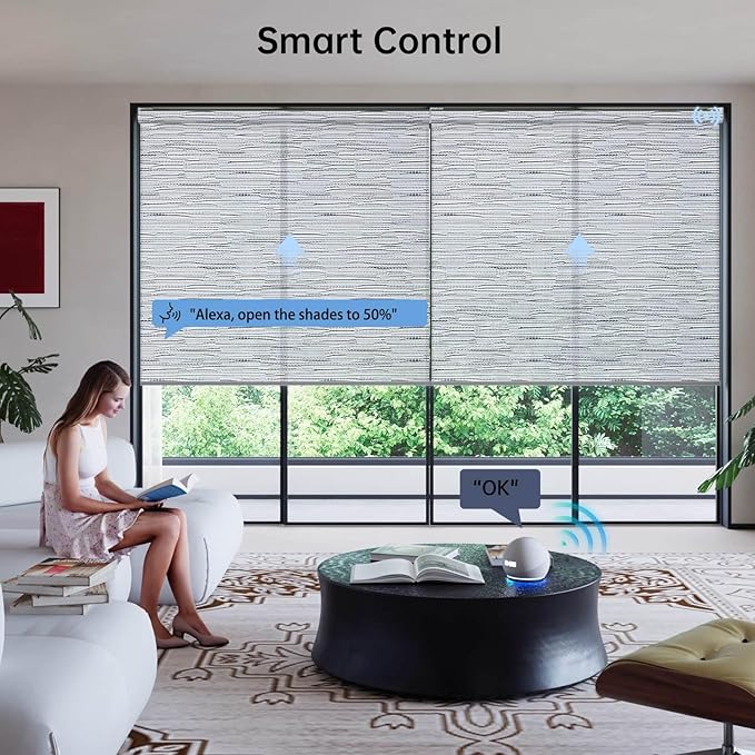 Motorized Coupled Shades, Light Filtering Smart Blinds for Large Windows Automatic Blinds Compatible with Alexa, Electric Roller Shades Customized for Living Room Home Office(Jacquard Grey)
