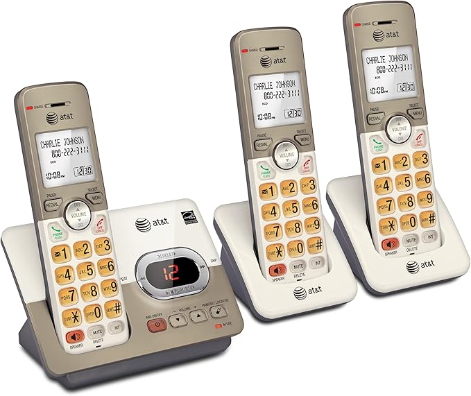AT&T EL52313 3-Handset Cordless Phone with Digital Answering System, Extra-Large Backlit Keys, Caller ID/Call Waiting, DECT 6.0, Expandable, Speakerphone – Light Champagne