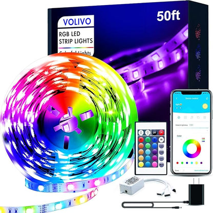 VOLIVO 50FT LED Strip Lights for Bedroom RGB Color Changing | Bluetooth App Control, IR Remote, Music Sync, Room & Home Decor Lighting