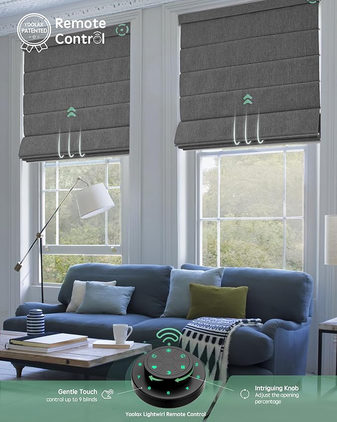 Yoolax Motorized Roman Shades with Remote, Smart Roman Shades for Windows, Blackout Automatic Blinds Work with Alexa, Google Home, Apple Homekit for Living Room Bedroom, Customized (Dark Grey)
