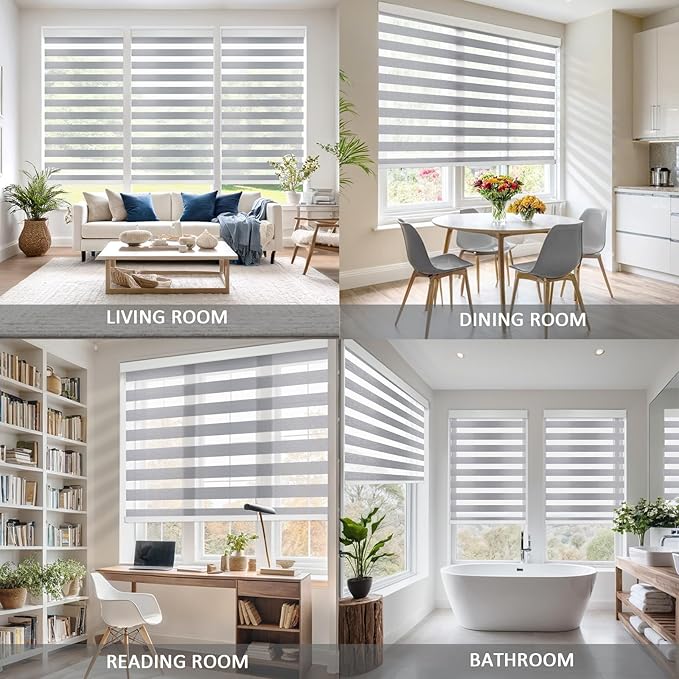 Motorized Zebra Blinds for Windows Cordless Electric Curtains with Remote Control Blackout Shades Custom Smart Blinds Compatible with Alexa Google Home(Light Filtering Grey,W46 X 72in)