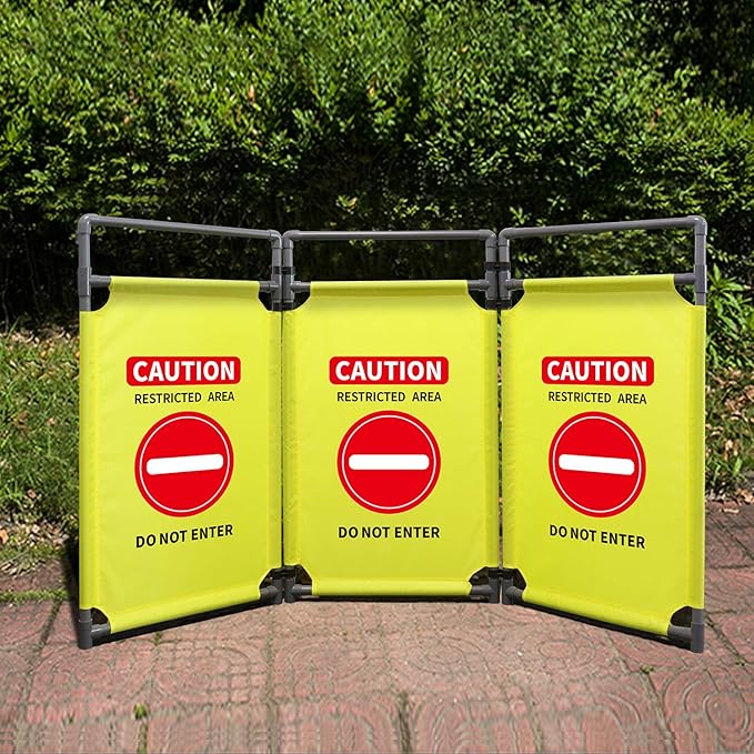 3 Panels Safety Barricade 5.8FT Foldable Security Sign Barrier Gate with Heavy Duty PVC Frame High Visibility Caution Symbol Crowd Control Restricted Area Pedestrian Barricade (Yellow-1)