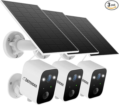 Defender Solar Powered 4K/8MP AI Everwatch Wireless Outdoor Security Camera, 3 Pack, Battery Powered, AI Tracking, Color Night Vision, Spotlight/Siren, IP66 Rated, Two-Way Talk, No Monthly Fees