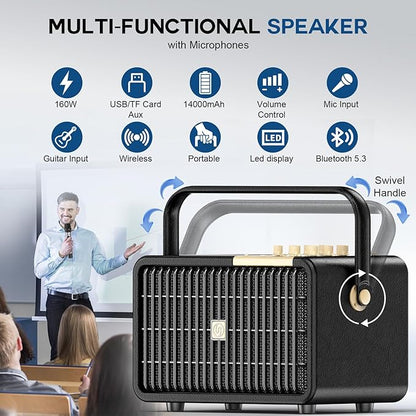SUPNIU Wireless Voice Amplifier Professional Karaoke Machine with 2 UHF Microphones for Adults, 320W Peak Bluetooth Speaker PA System Treble & Bass for Home Party Wedding Outdoor Christmas Events L400
