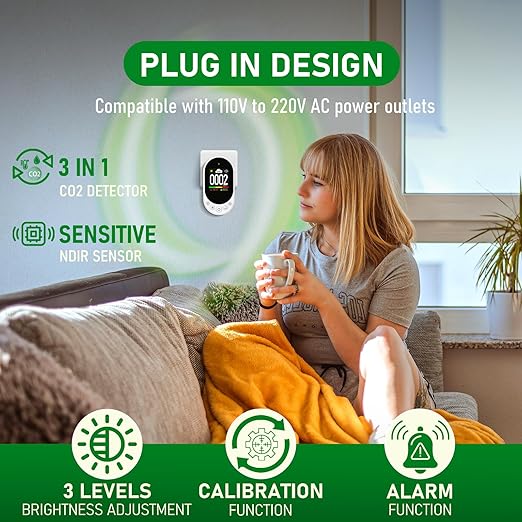 LSENLTY Upgraded CO2 Detector Plug in Wall Design,3 in 1 Air Quality Detector(Temp, Humidity and CO2 Value), High Accuracy Air Quality Monitor with Threshold Reminder and Manual Calibration for Home
