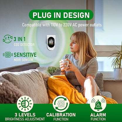 LSENLTY Upgraded CO2 Detector Plug in Wall Design,3 in 1 Air Quality Detector(Temp, Humidity and CO2 Value), High Accuracy Air Quality Monitor with Threshold Reminder and Manual Calibration for Home