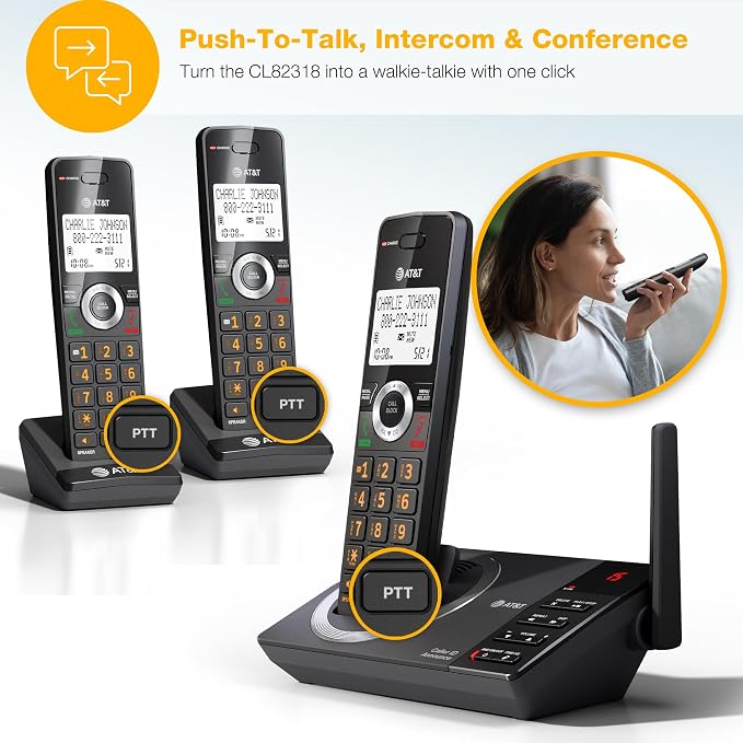 AT&T CL82318 3-Handset Expandable DECT 6.0 Cordless Phone, Charcoal Black | Large Display, Big Buttons, Answering Machine, Smart Call Blocker, Long Range